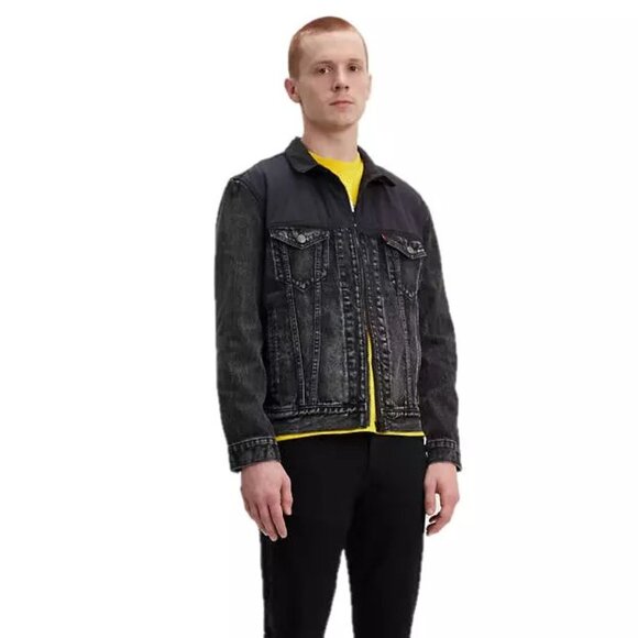 Levi's Black Wash Denim Jean & Nylon Trucker Jacket Men's Size M 90's Grunge NWT - Picture 1 of 7